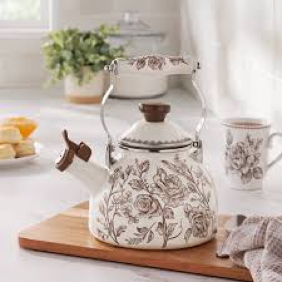 Pioneer Woman Agatha Enamel on Steel 1.8 Qt Whistling Tea Kettle Floral Brown - Picture 1 of 9